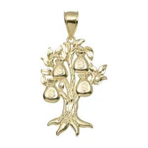 1 3/4" Diamond-Cut Money Bag Tree Luck Pendant Solid 10K Yellow Gold