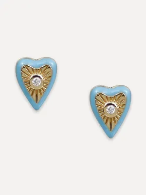 14K Diamond & Blue Enamel Heart Studs