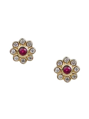 14K Diamond & Ruby Bezel Flower Studs