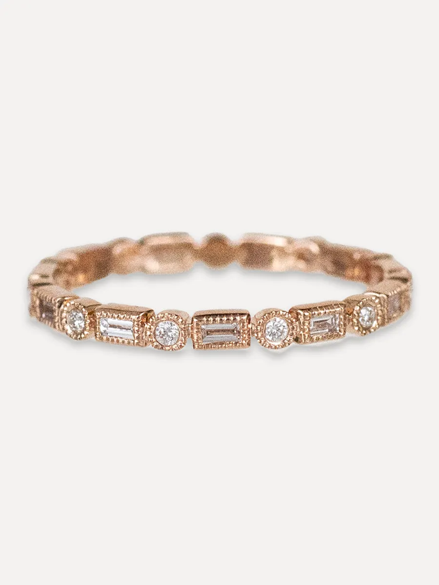 14K Diamond Baguette & Round Milgrain Band