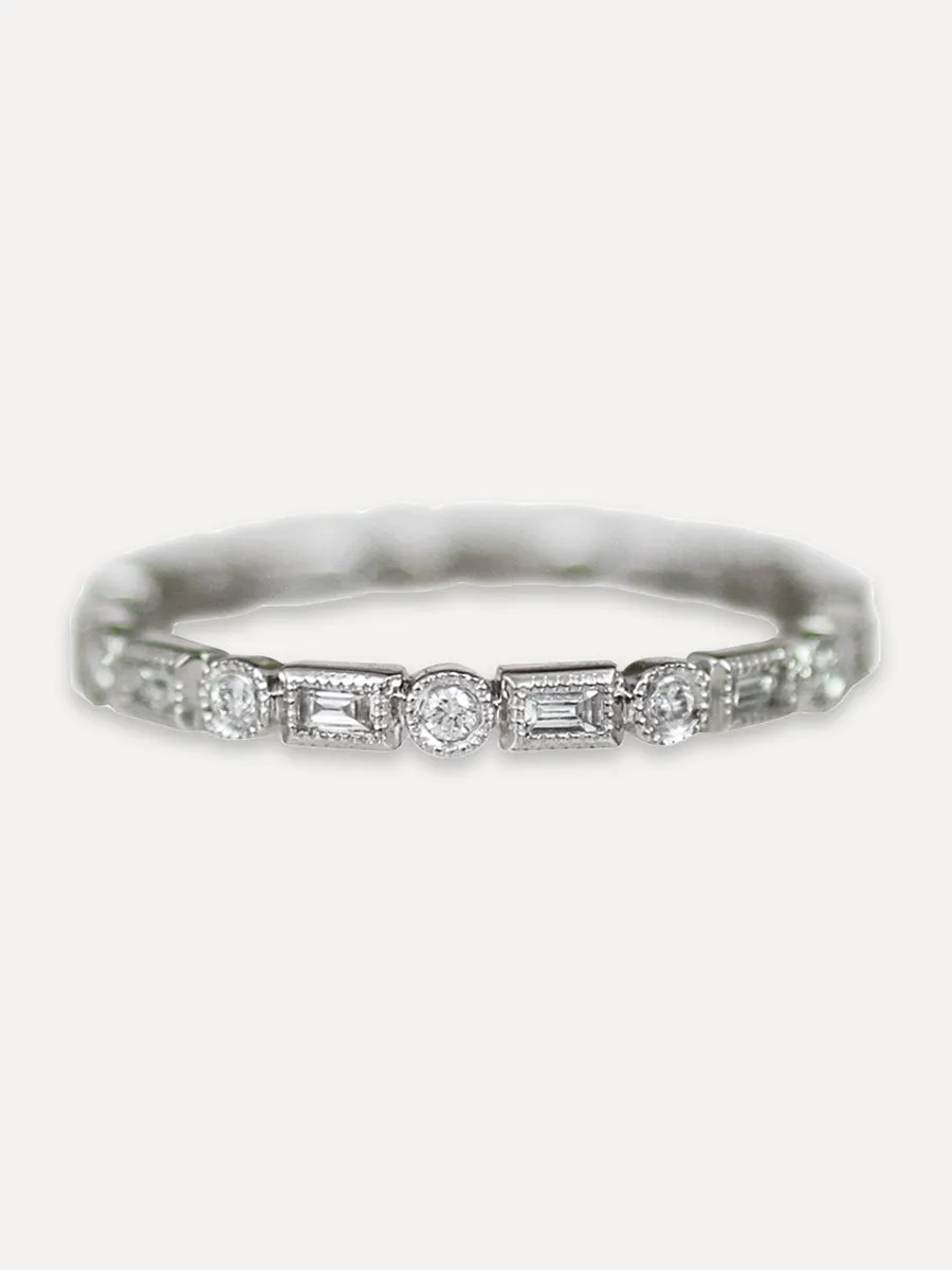 14K Diamond Baguette & Round Milgrain Band