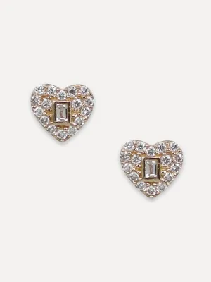 14K Pavé Diamond Heart & Tiny Baguette Studs