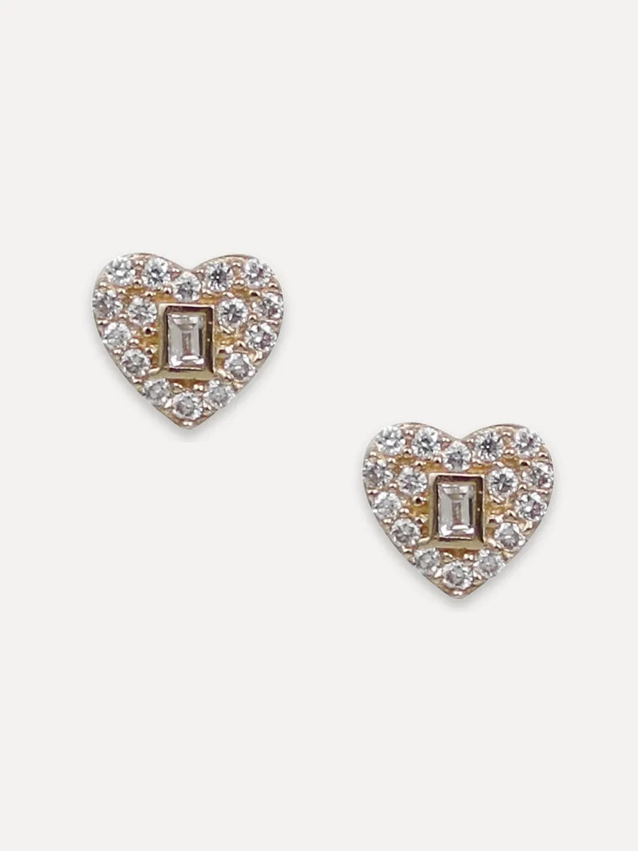 14K Pavé Diamond Heart & Tiny Baguette Studs