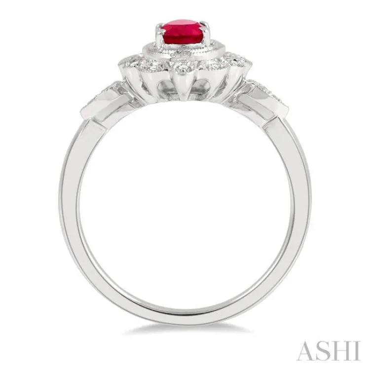 1/8 ctw Lattice Reverse Taper Shank Round Cut Diamond & 6x4MM Oval Cut Ruby Precious Ring in 10K White Gold