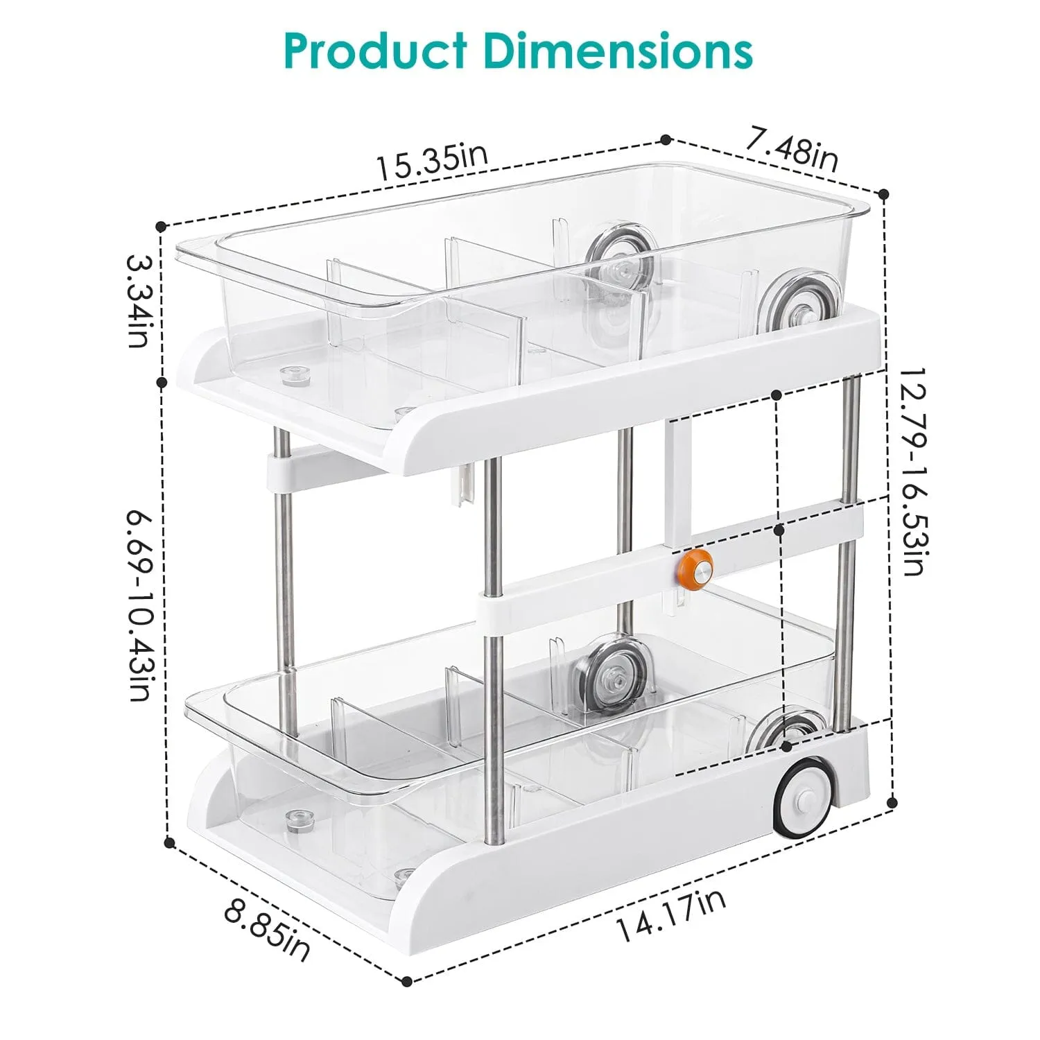 2-Tier Height Adjustable Under Sink Organizer with Flexible Wheels 2 Clear Trays