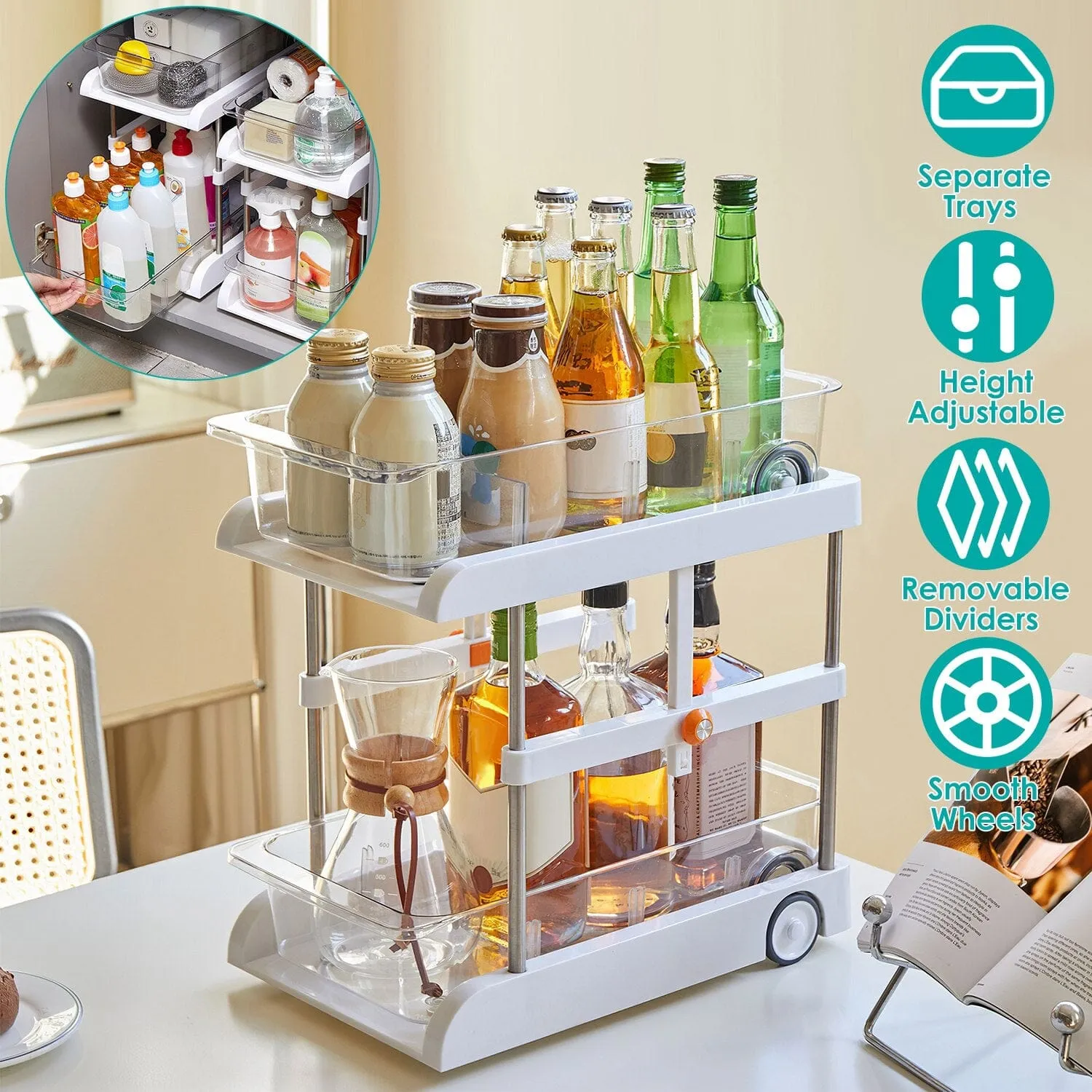 2-Tier Height Adjustable Under Sink Organizer with Flexible Wheels 2 Clear Trays