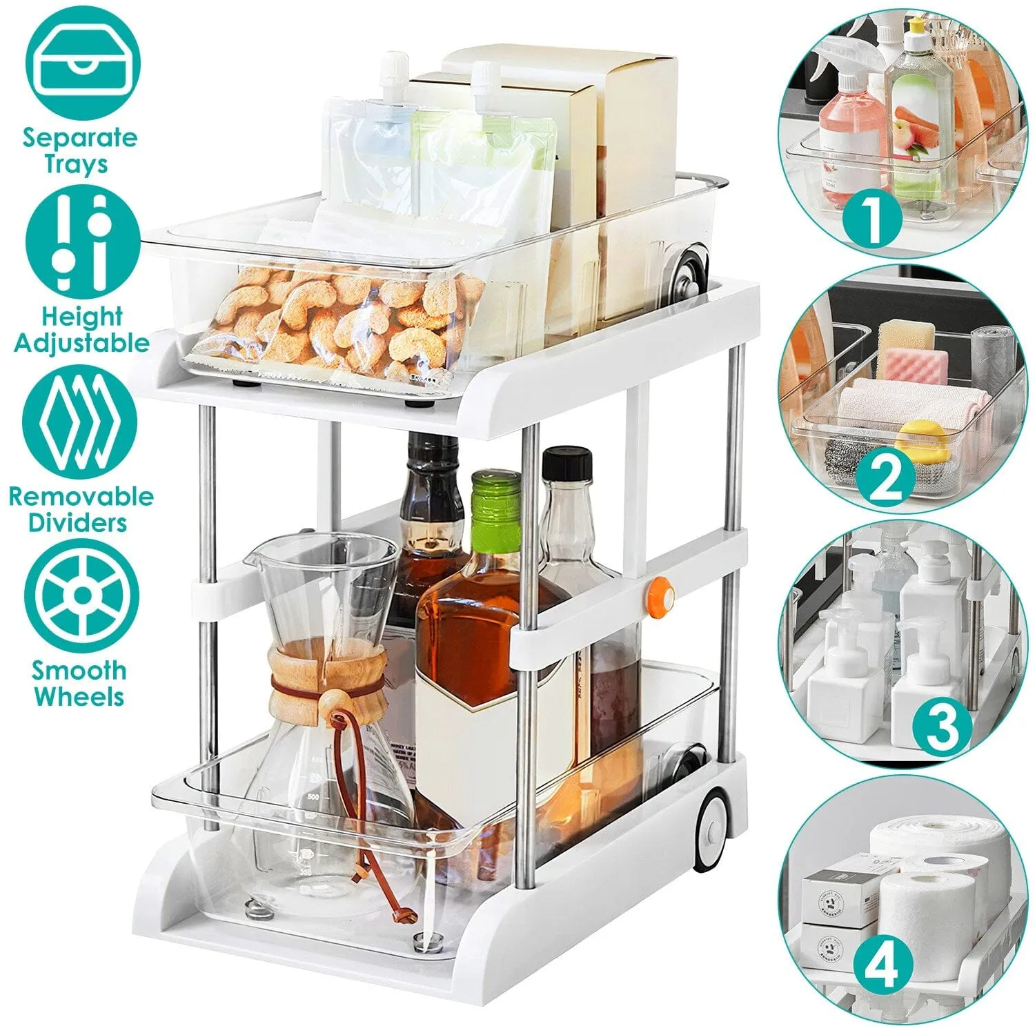 2-Tier Height Adjustable Under Sink Organizer with Flexible Wheels 2 Clear Trays