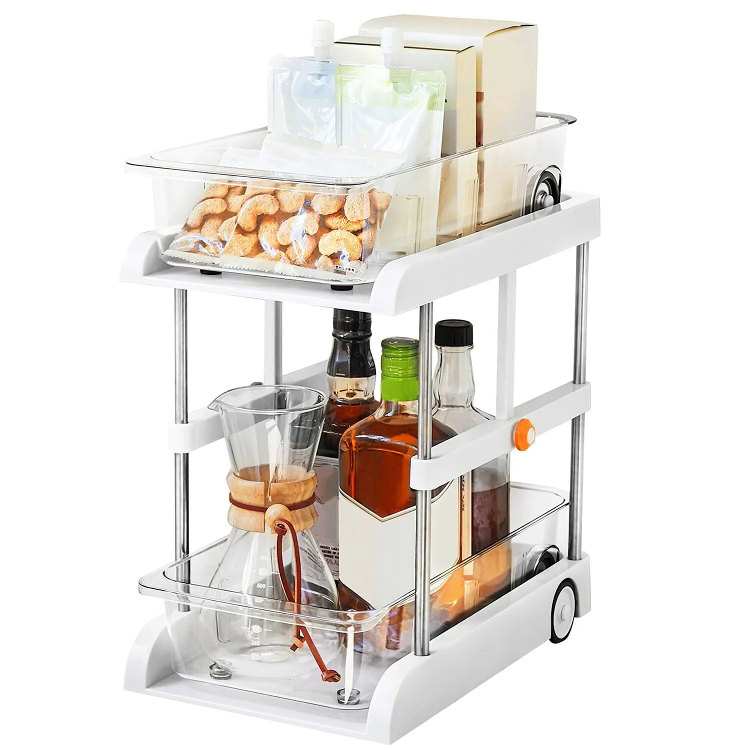 2-Tier Height Adjustable Under Sink Organizer with Flexible Wheels 2 Clear Trays