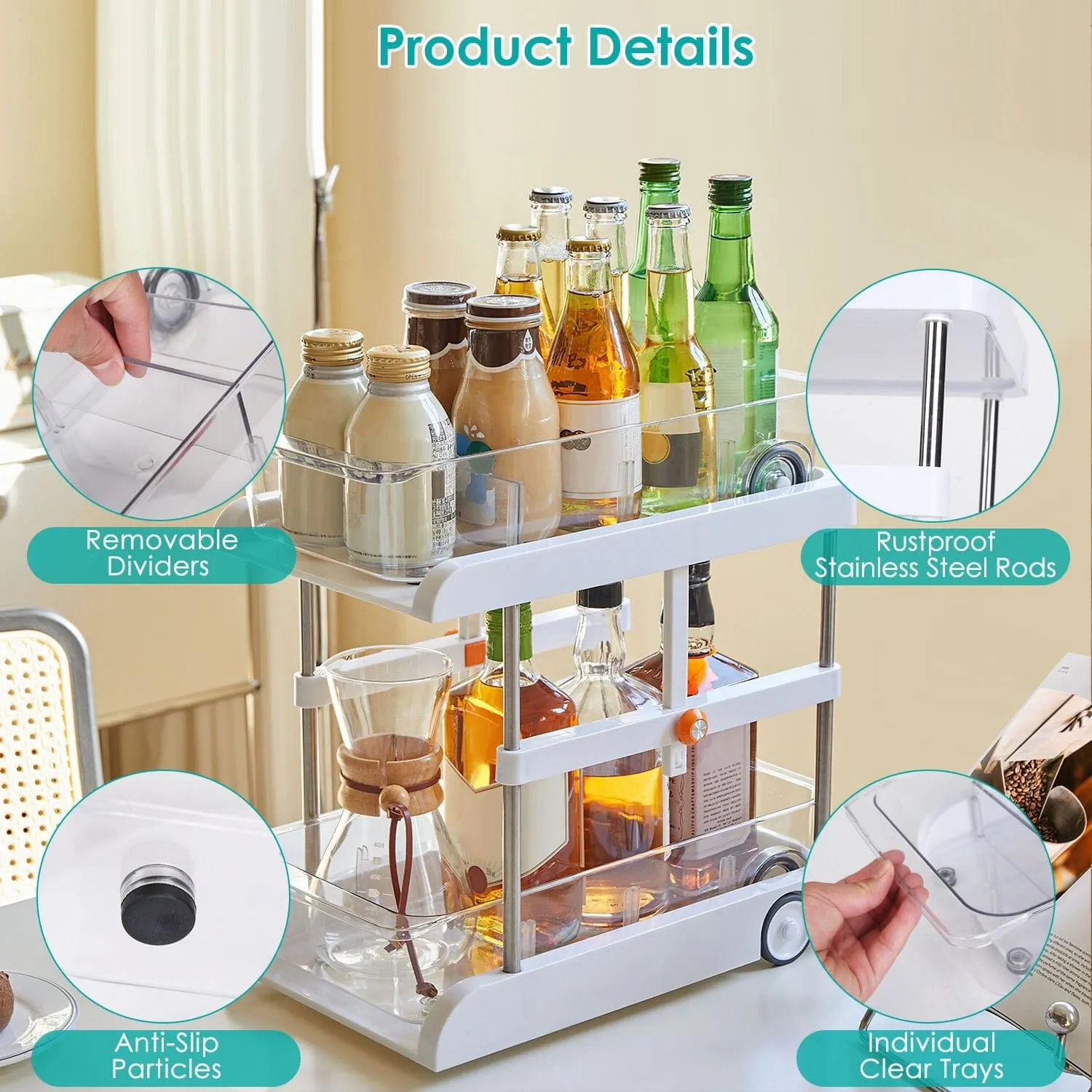 2-Tier Height Adjustable Under Sink Organizer with Flexible Wheels 2 Clear Trays