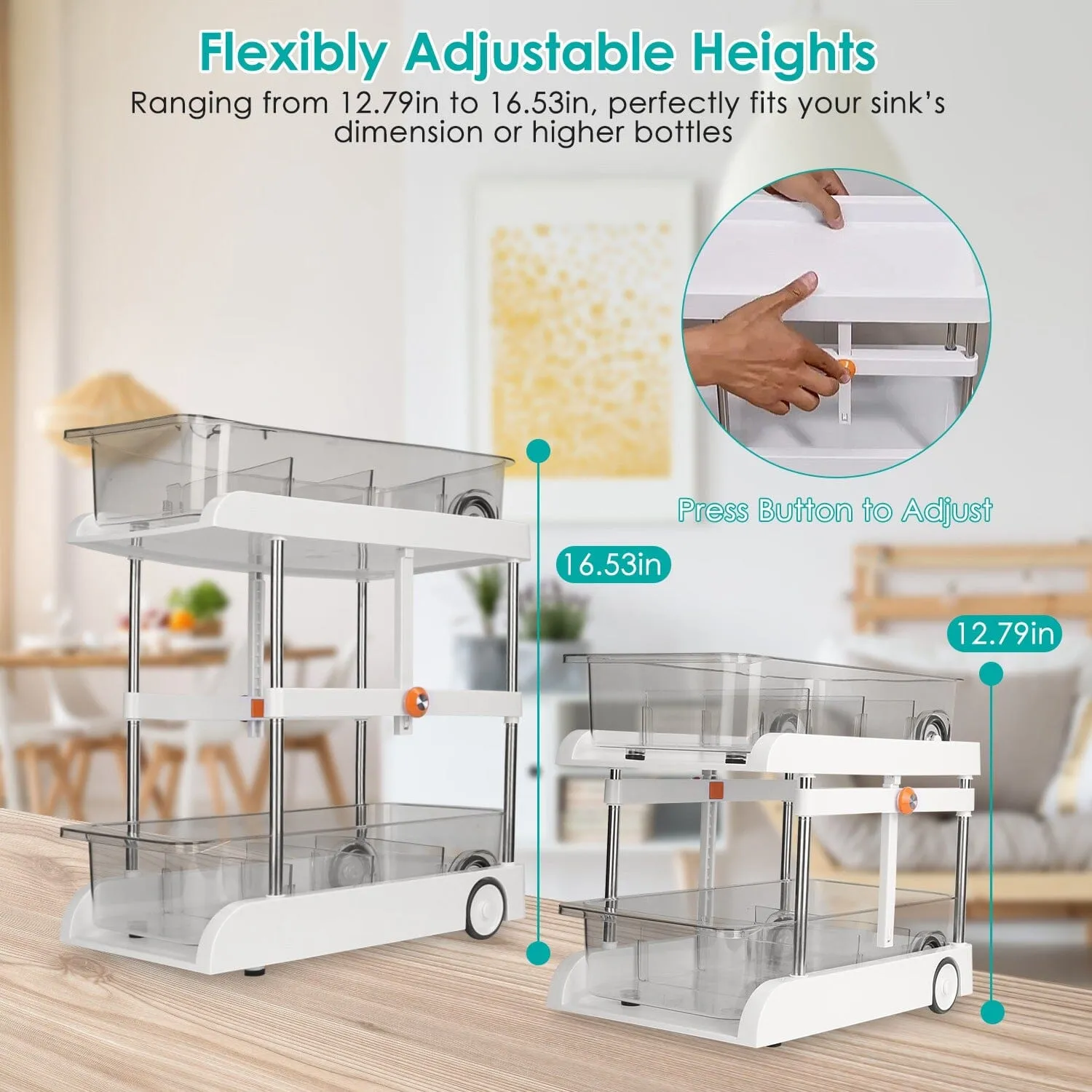 2-Tier Height Adjustable Under Sink Organizer with Flexible Wheels 2 Clear Trays