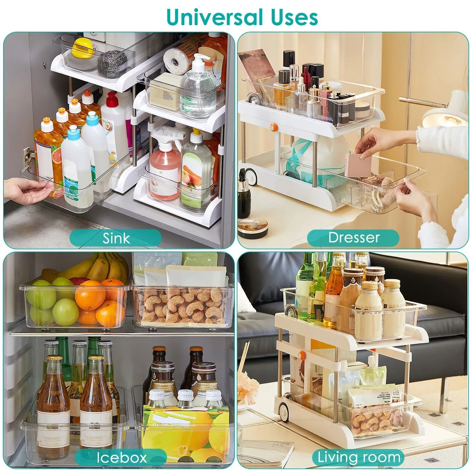 2-Tier Height Adjustable Under Sink Organizer with Flexible Wheels 2 Clear Trays