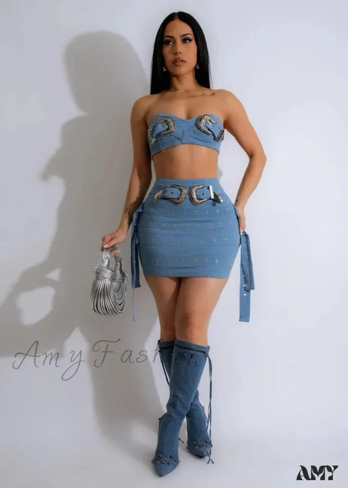 Adjustable Stylish Denim Strapless Skirt Suit