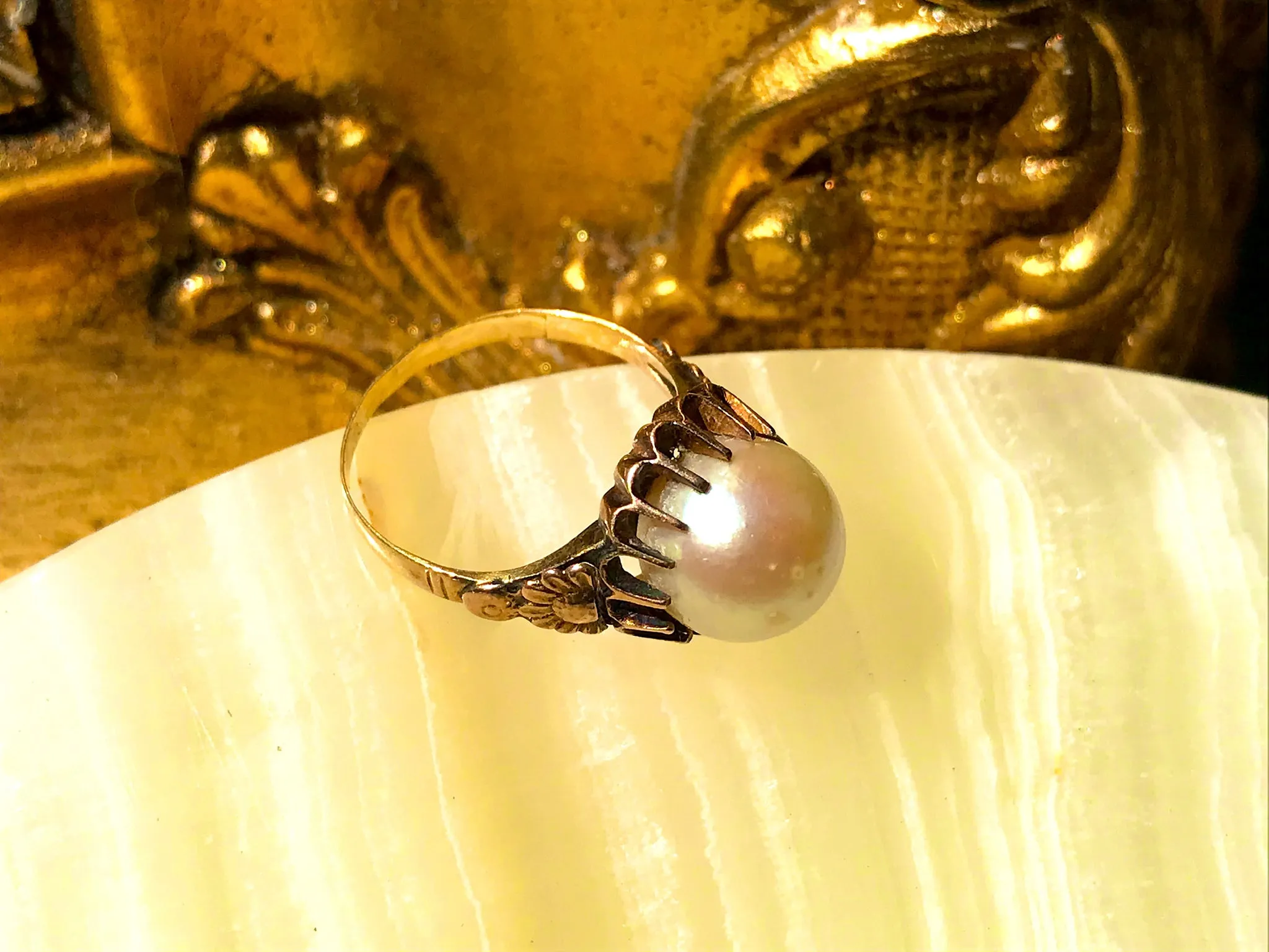 Antique 14K 585 Rose Gold Sunflowers 9mm Pearl Ladies Flower Ring 5g size 4.5