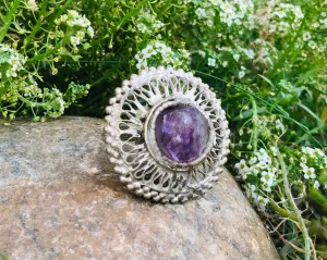 Antique Vintage Amethyst Silver Tone Mixed Metal Rajasthan Ornate Ring Size 7.5