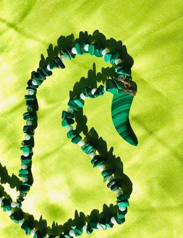 Artisan Malachite Faux Pearl Green Gem Stone Carved Horn Beaded Long Necklace