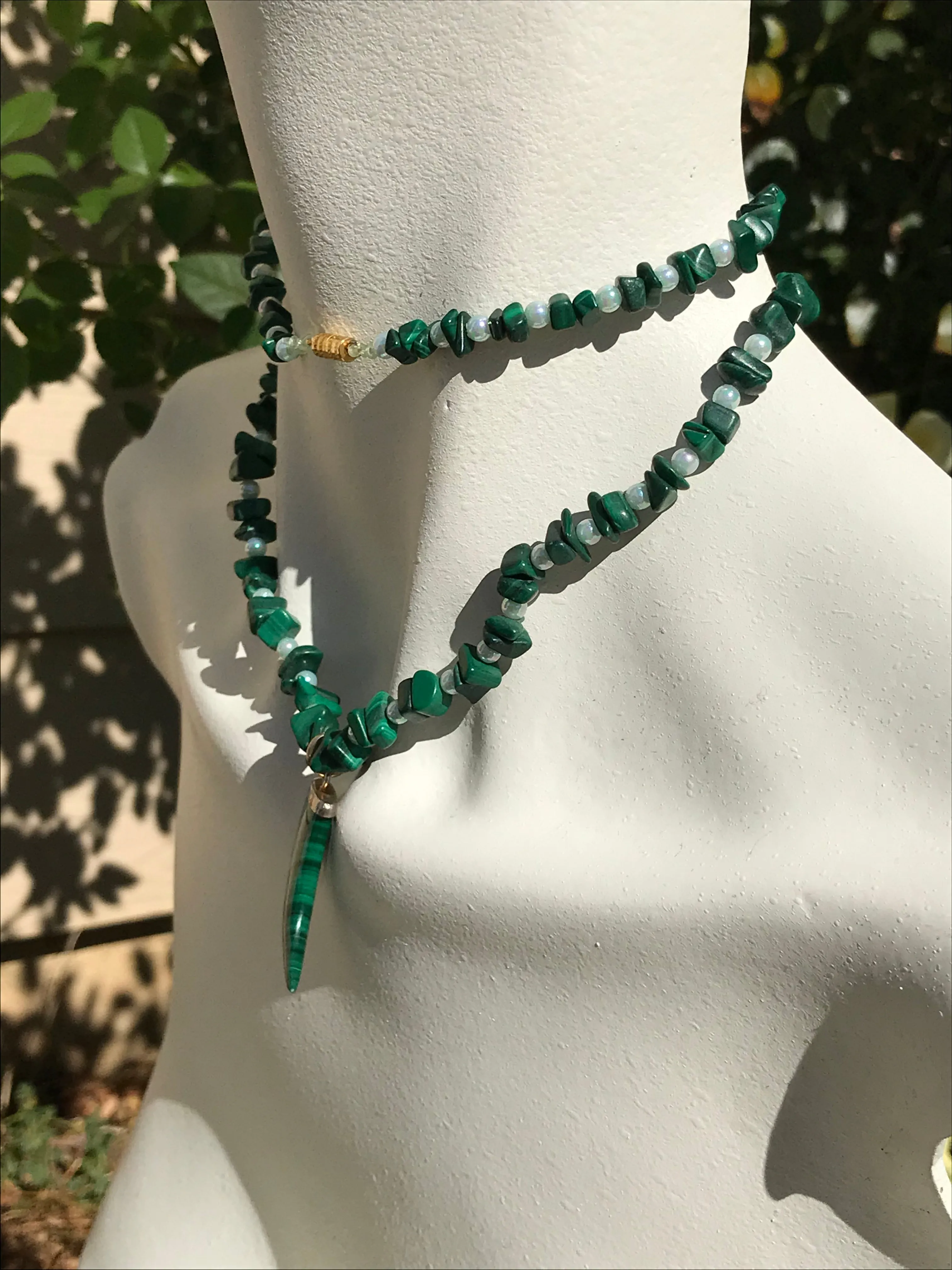 Artisan Malachite Faux Pearl Green Gem Stone Carved Horn Beaded Long Necklace