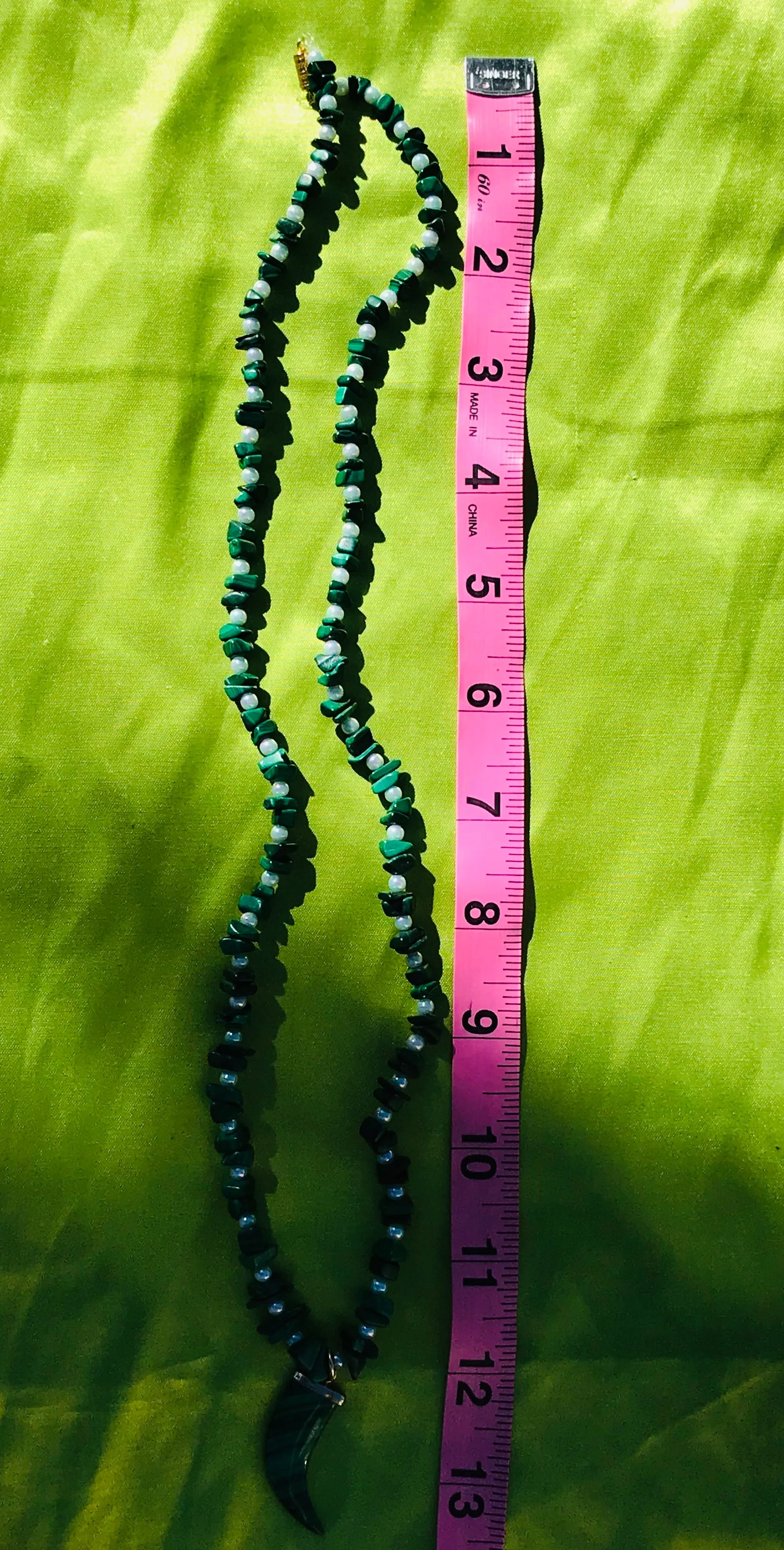 Artisan Malachite Faux Pearl Green Gem Stone Carved Horn Beaded Long Necklace