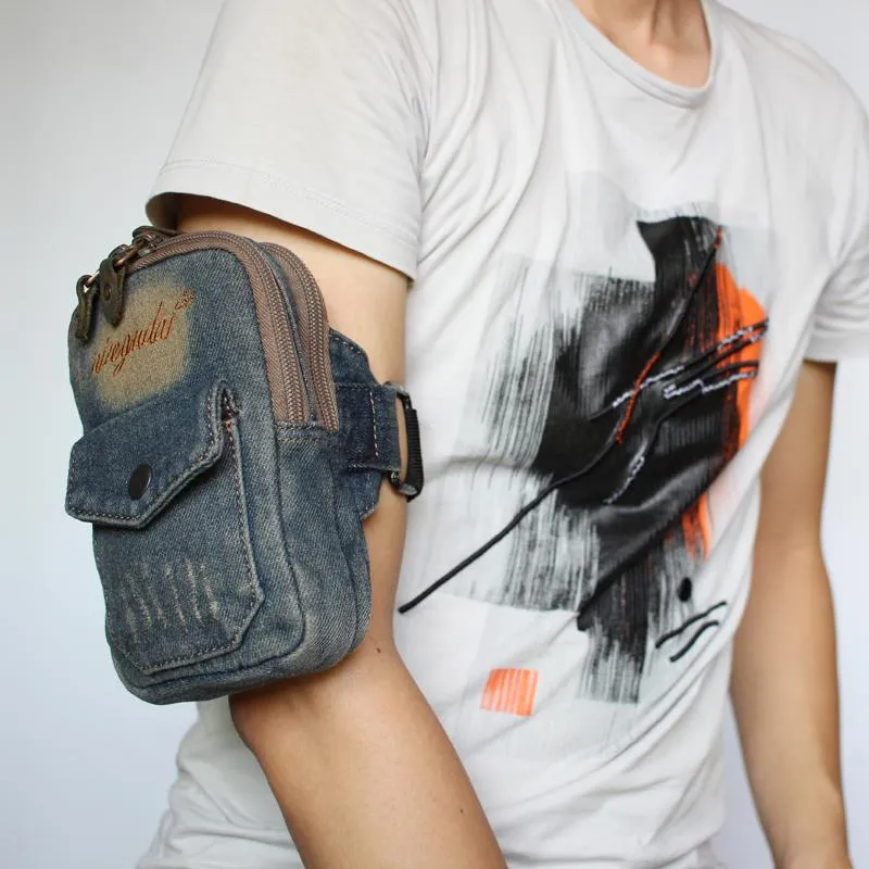 Blue Denim Cell Phone HOLSTER Arm Pouches for Men Arm Bags Arm HOLSTER For Men