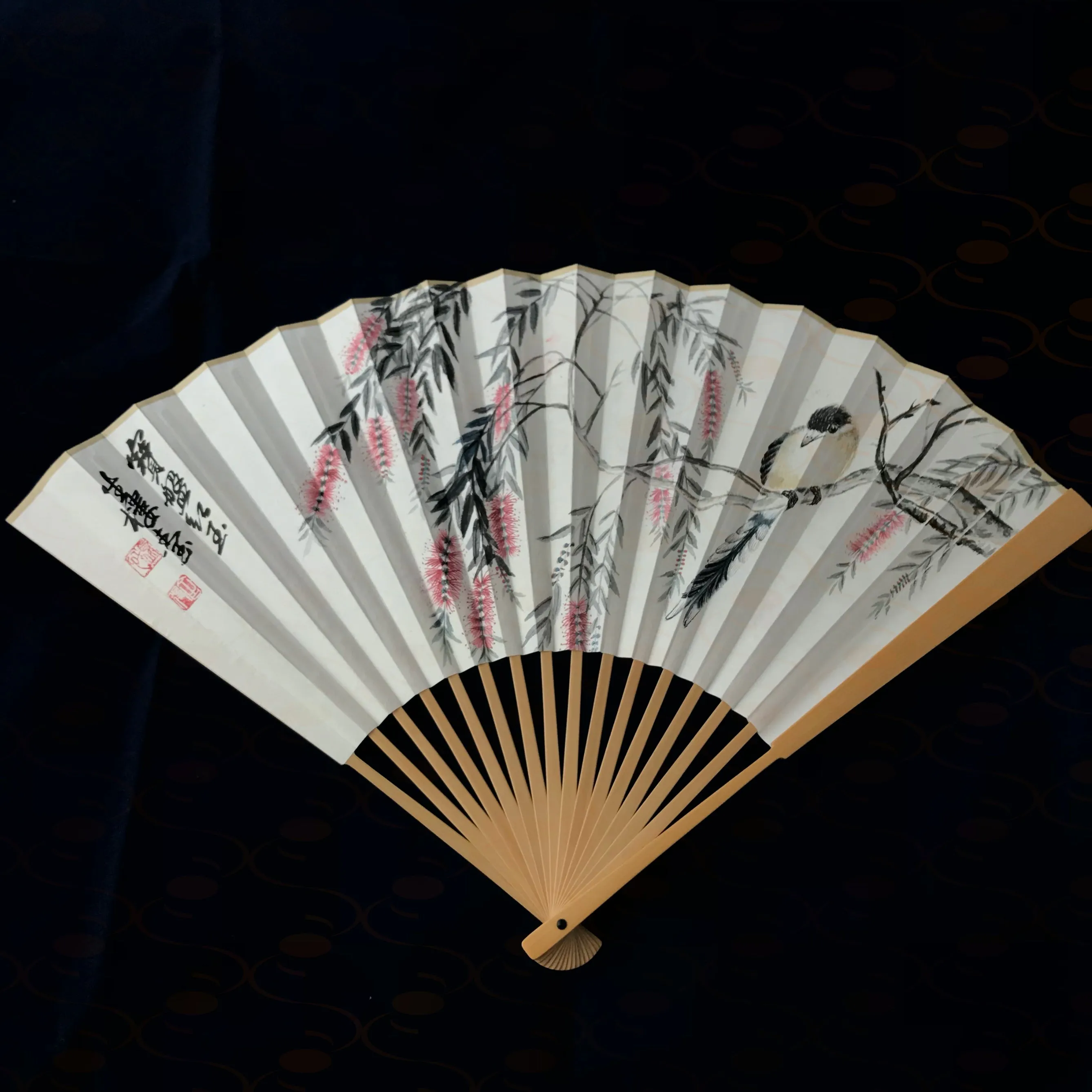 Bottlebrush and Magpie Folding Fan