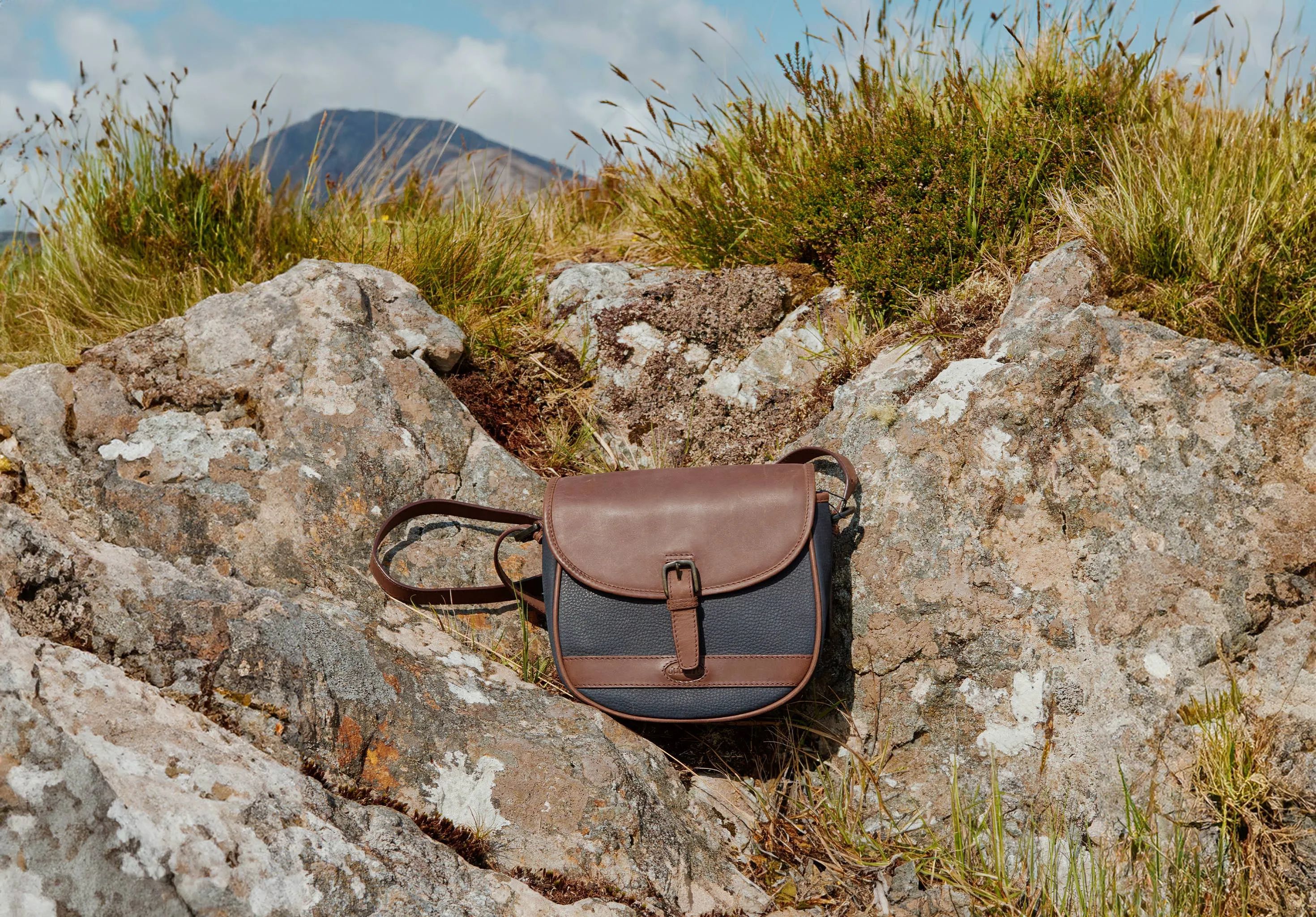 Clara Ladies Leather Saddle bag - Navy/Brown