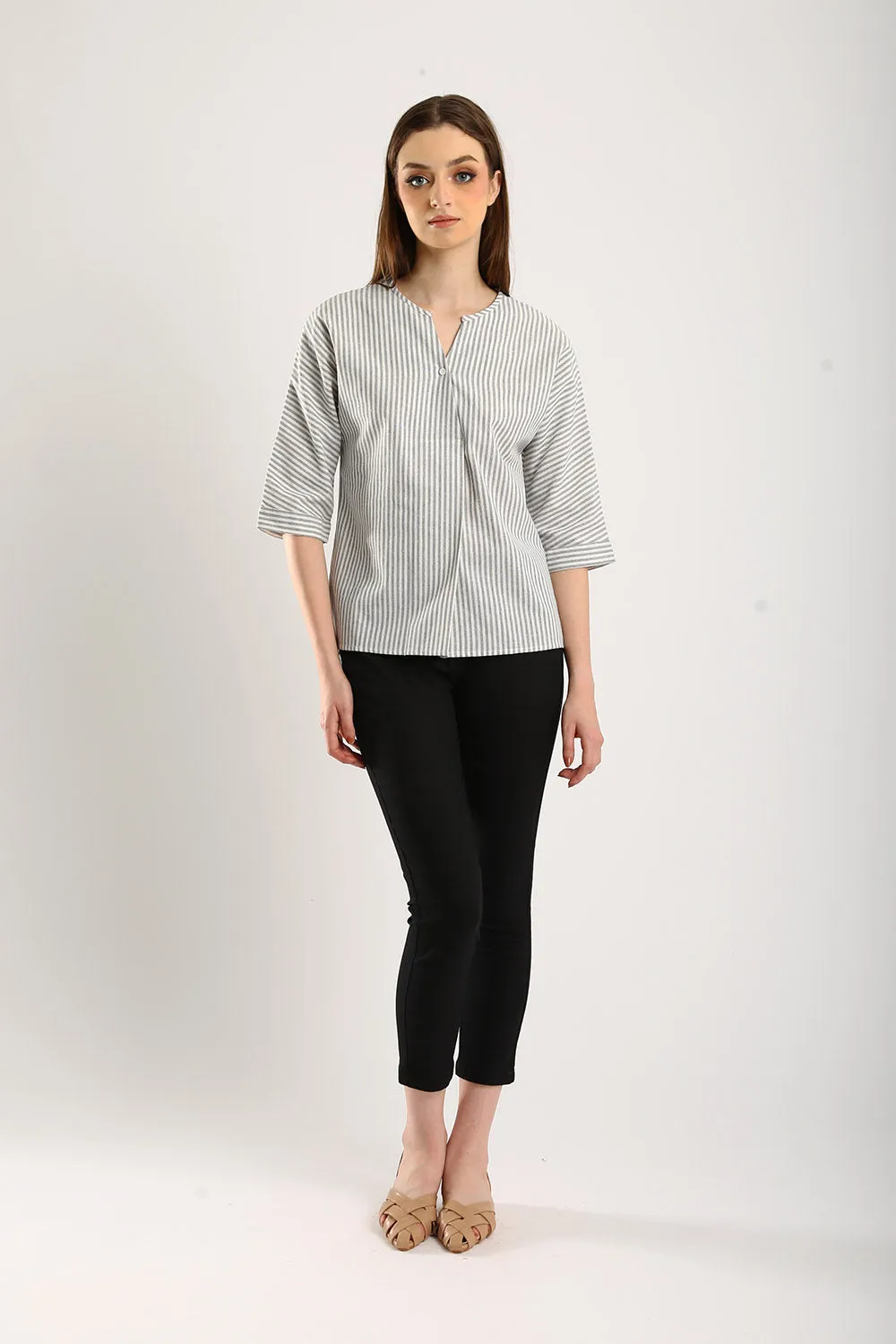 Classic Striped Linen Top in Grey