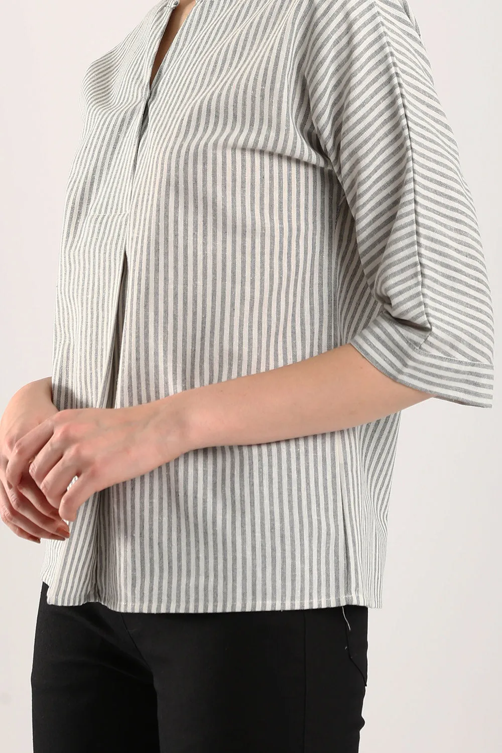 Classic Striped Linen Top in Grey