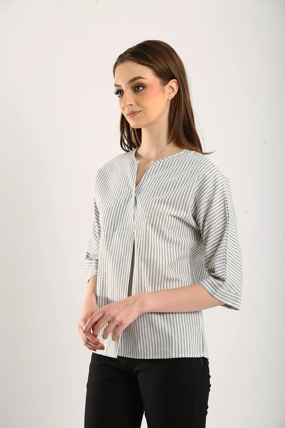 Classic Striped Linen Top in Grey