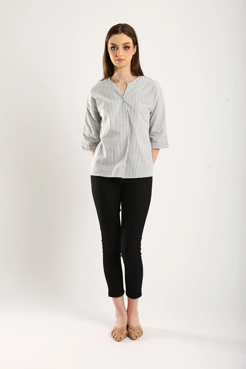 Classic Striped Linen Top in Grey