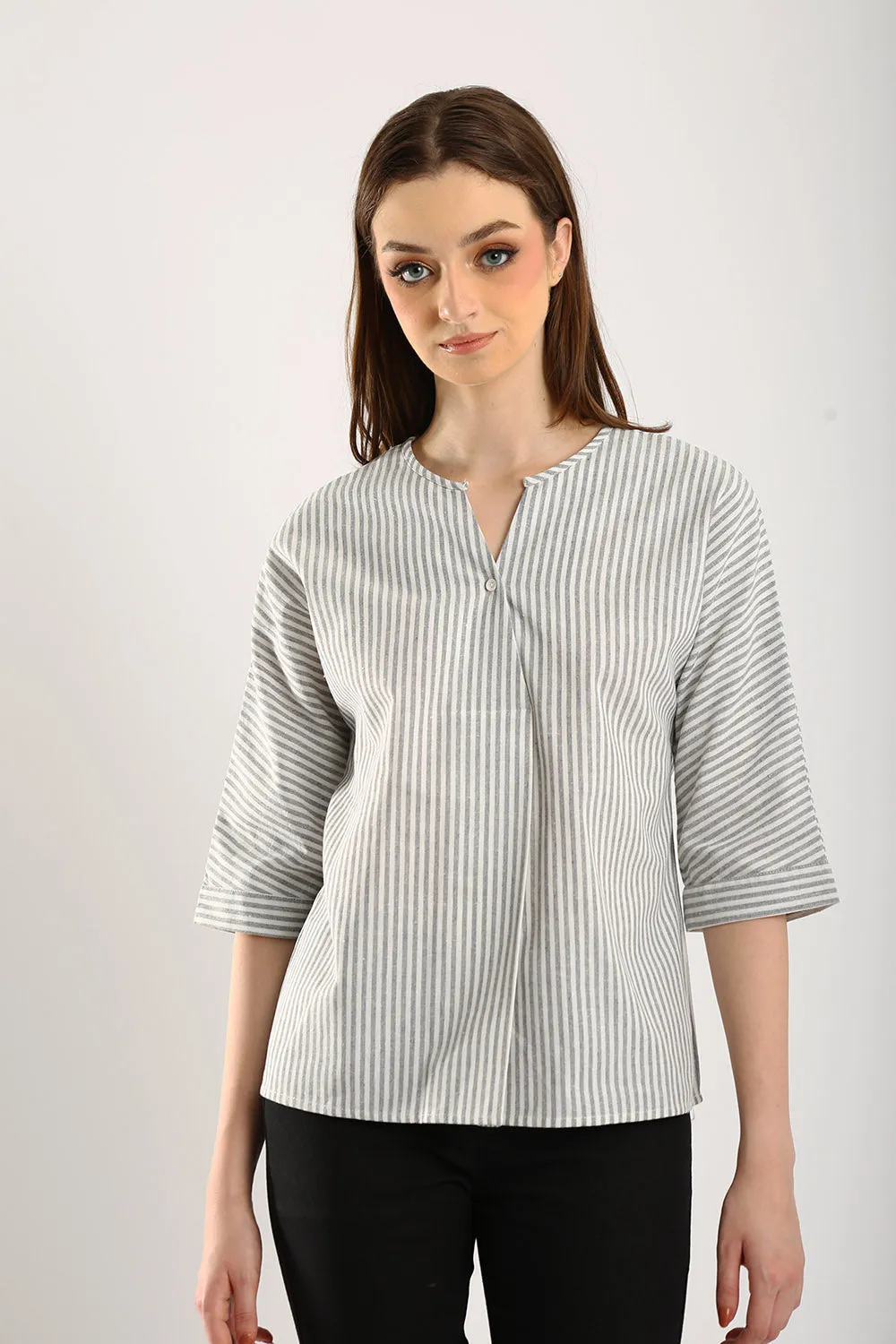 Classic Striped Linen Top in Grey