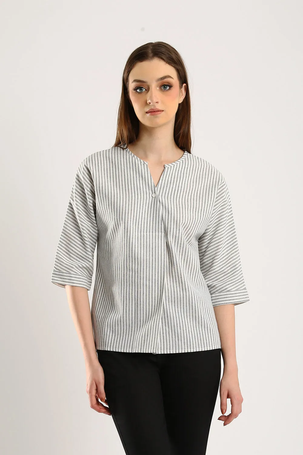 Classic Striped Linen Top in Grey