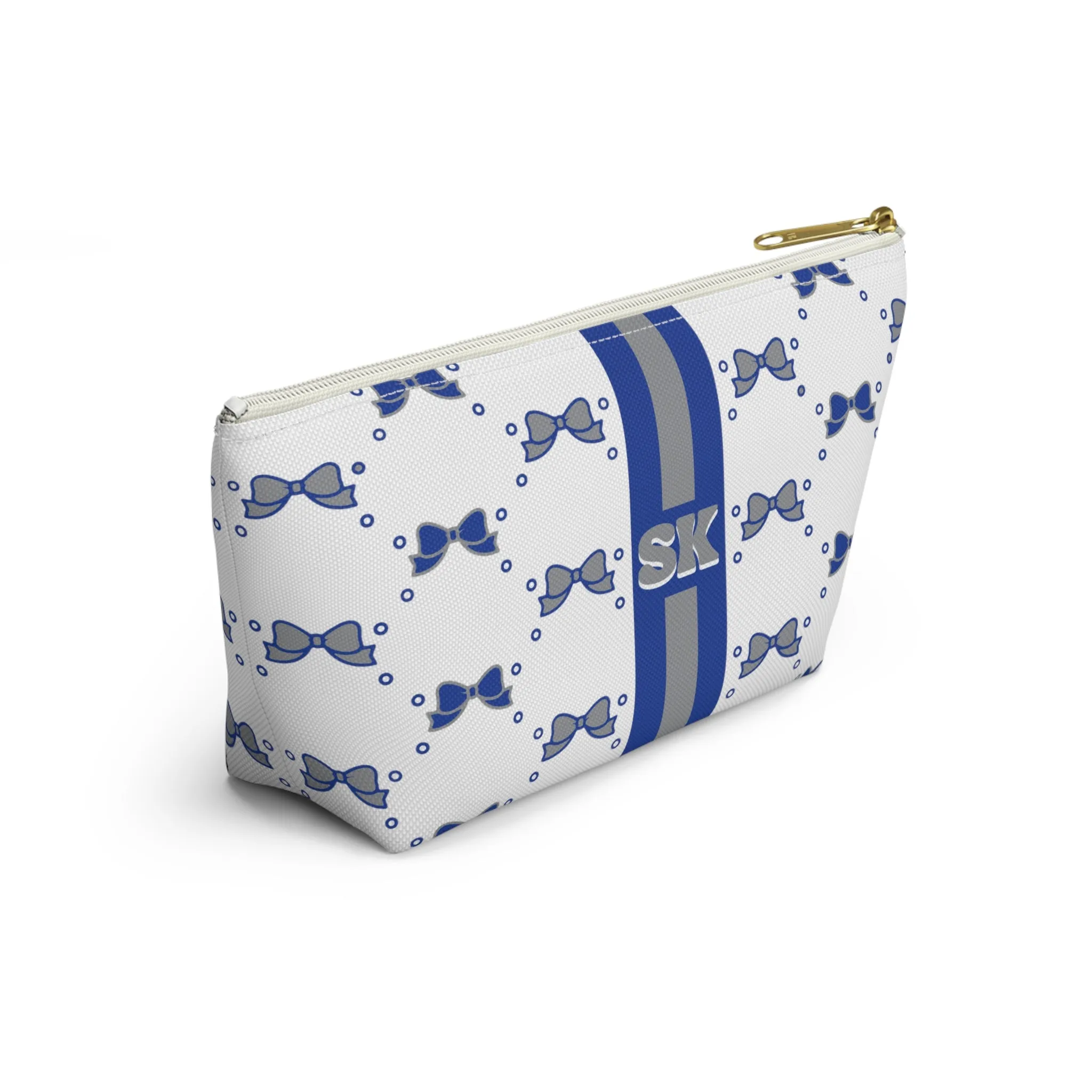 Custom Initial Personalized Bow Makeup Bag - Custom Initial, Makeup Bag, Blue and Grey, Buffalo Bulls, Personalized, Bow Aesthetic