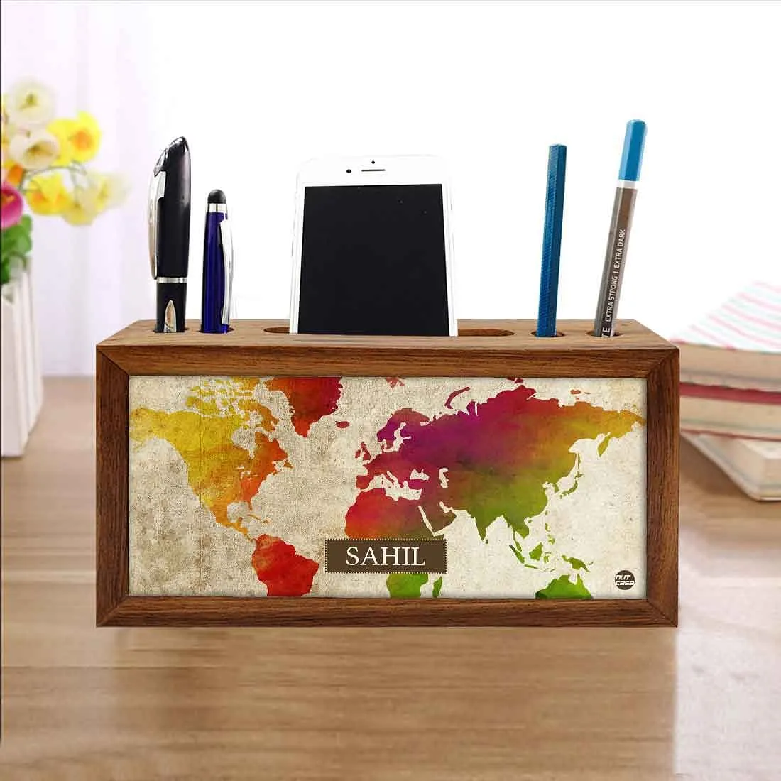 Custom Wooden desktop organizer - Watercolor Name