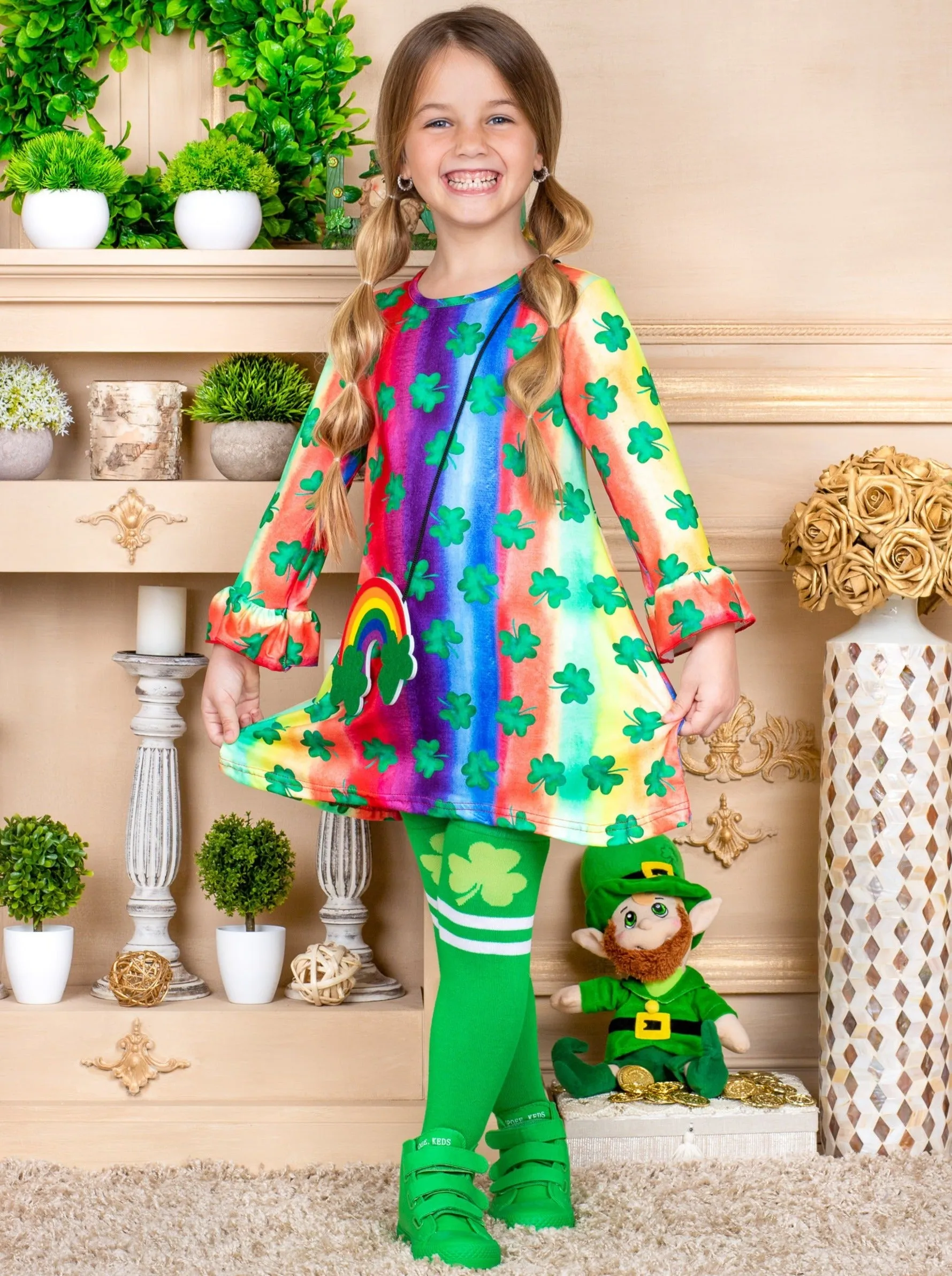 Cutest Clover Rainbow Print Dress, Purse and Socks Set