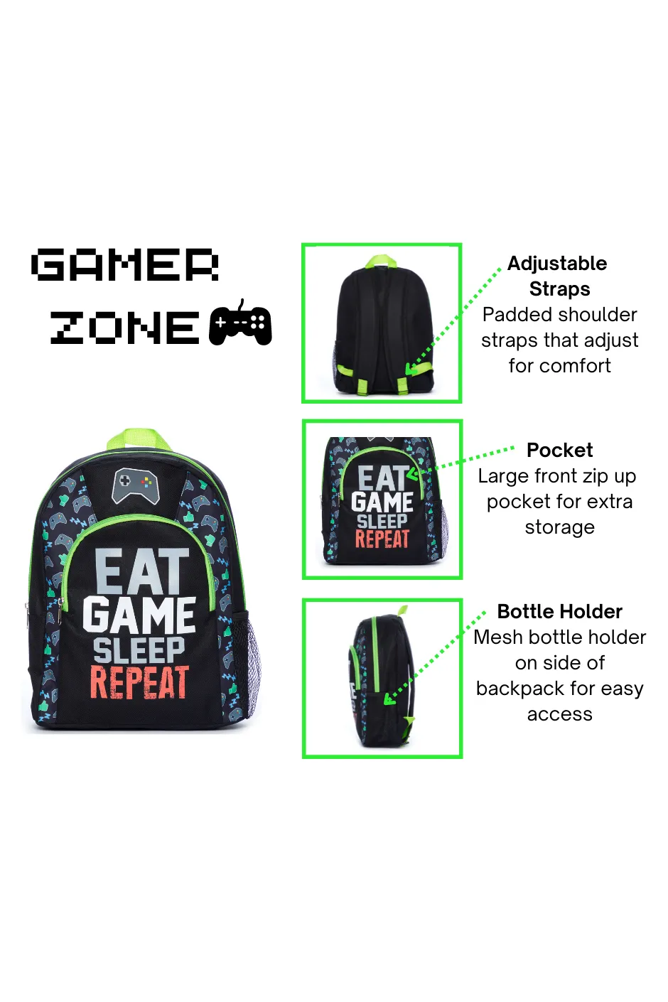 Eat Game Sleep Repeat School Bag And Lunch bag 2 Piece, Kids Boys Gamer Backpack