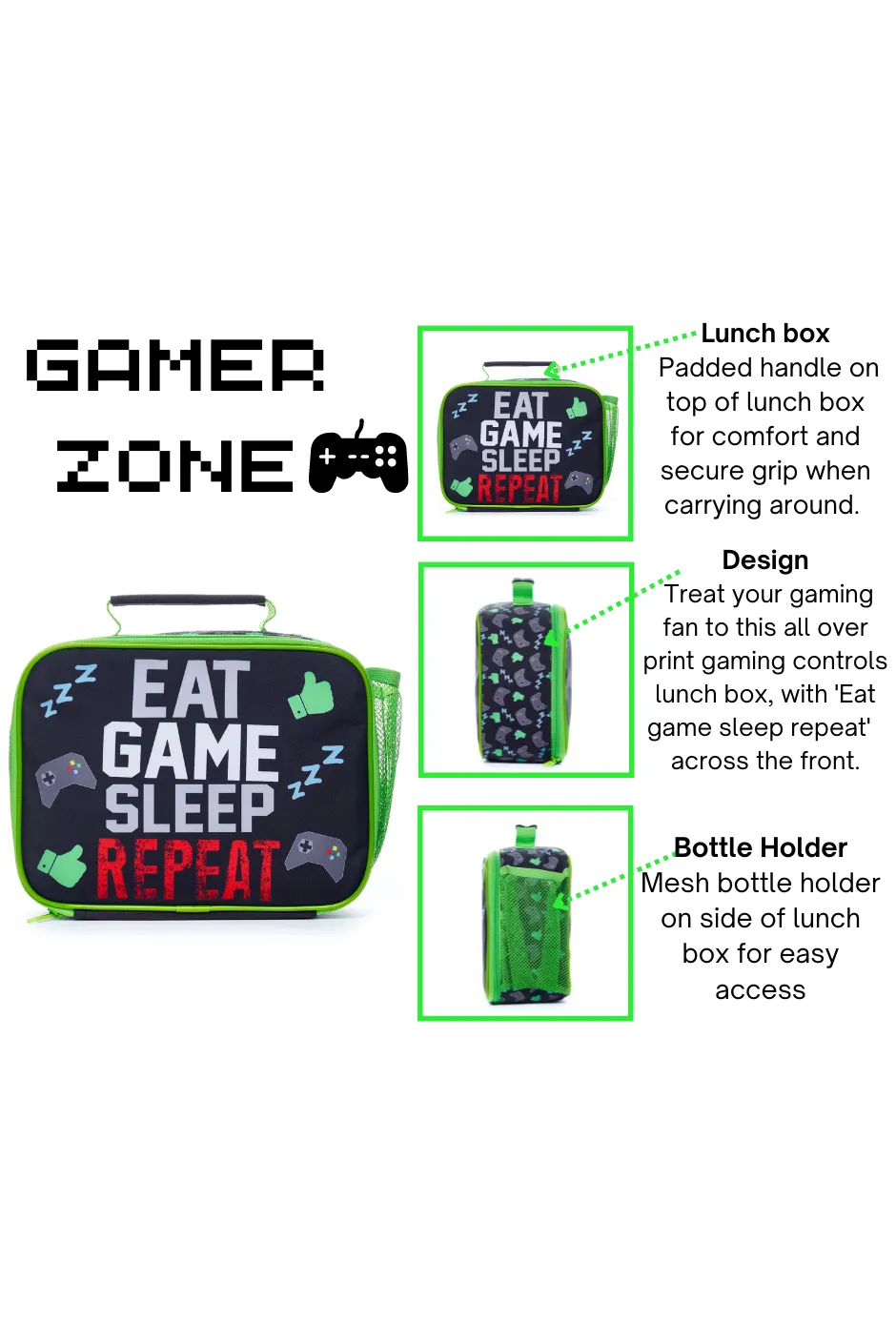 Eat Game Sleep Repeat School Bag And Lunch bag 2 Piece, Kids Boys Gamer Backpack