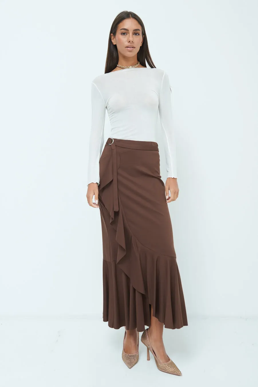 Elegant ruffled midi skirt with flared hem wholesale