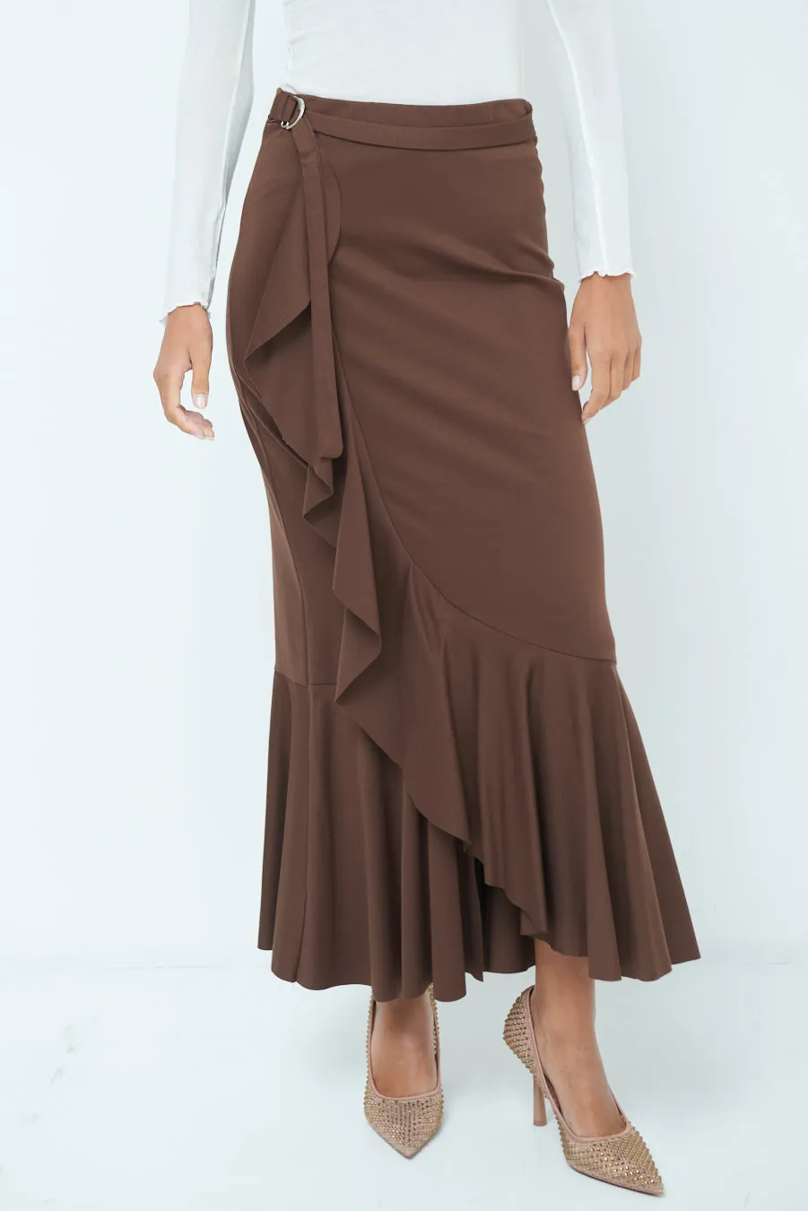 Elegant ruffled midi skirt with flared hem wholesale