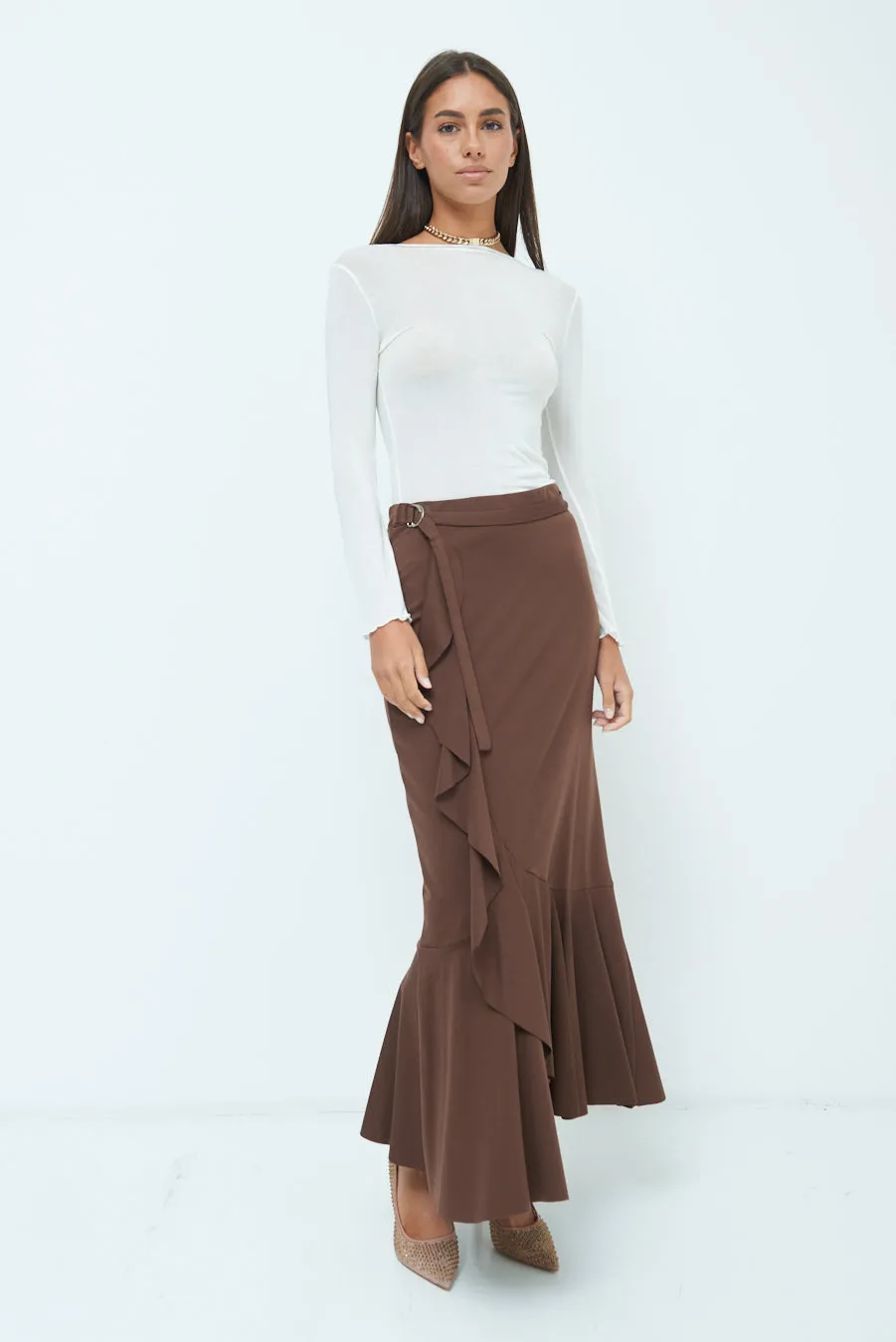 Elegant ruffled midi skirt with flared hem wholesale