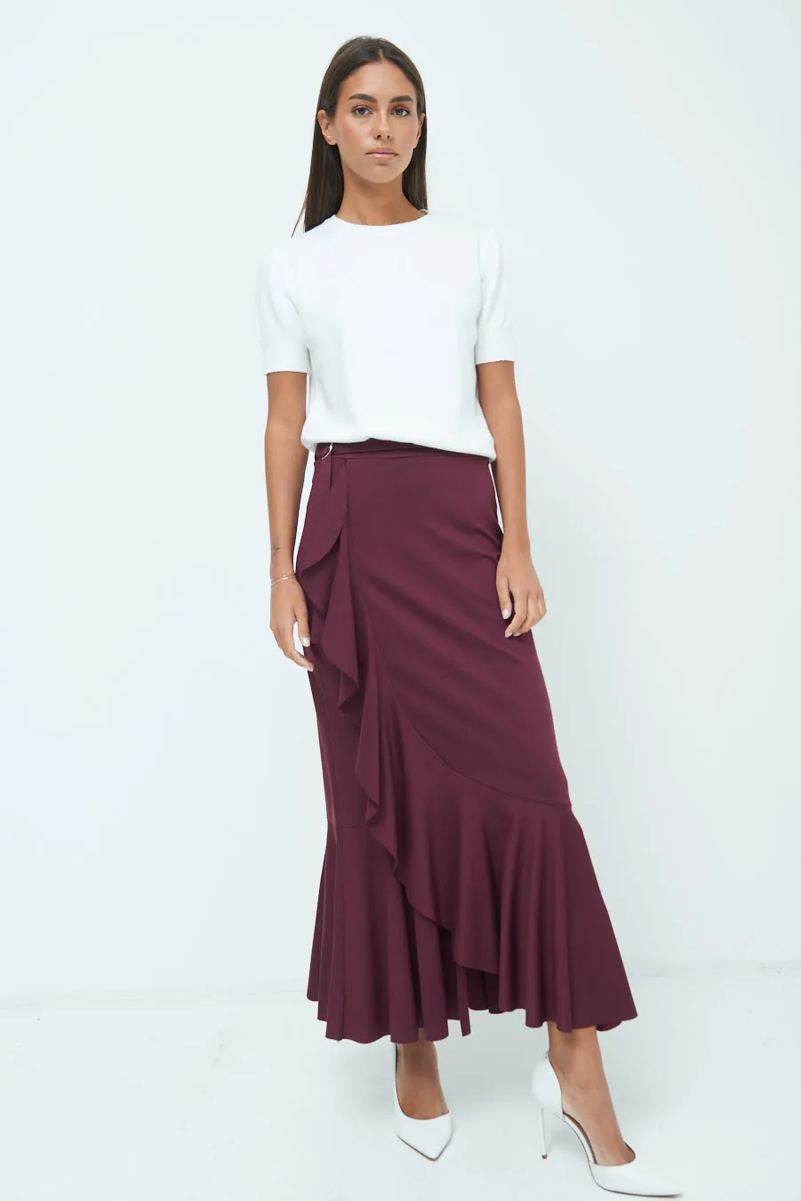 Elegant ruffled midi skirt with flared hem wholesale