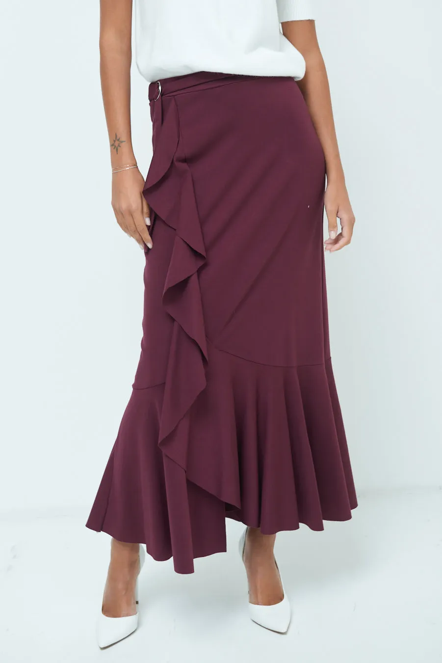 Elegant ruffled midi skirt with flared hem wholesale