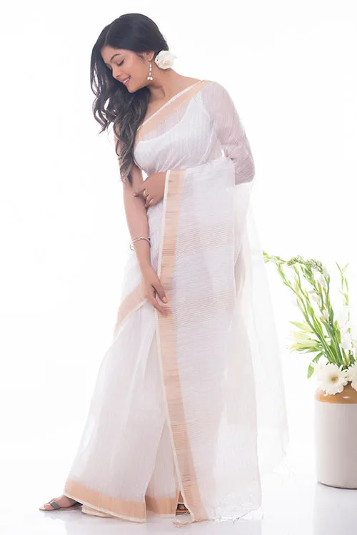 Flowing & Graceful. Soft Handwoven Bengal Linen Checked Saree - White & Gold