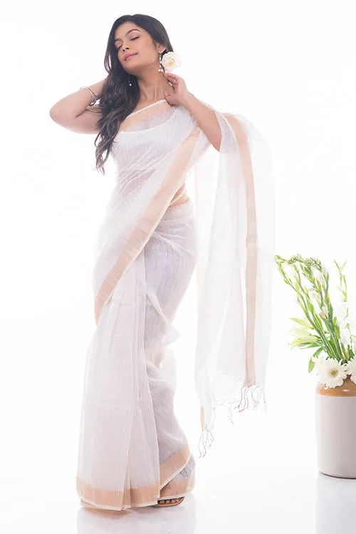 Flowing & Graceful. Soft Handwoven Bengal Linen Checked Saree - White & Gold