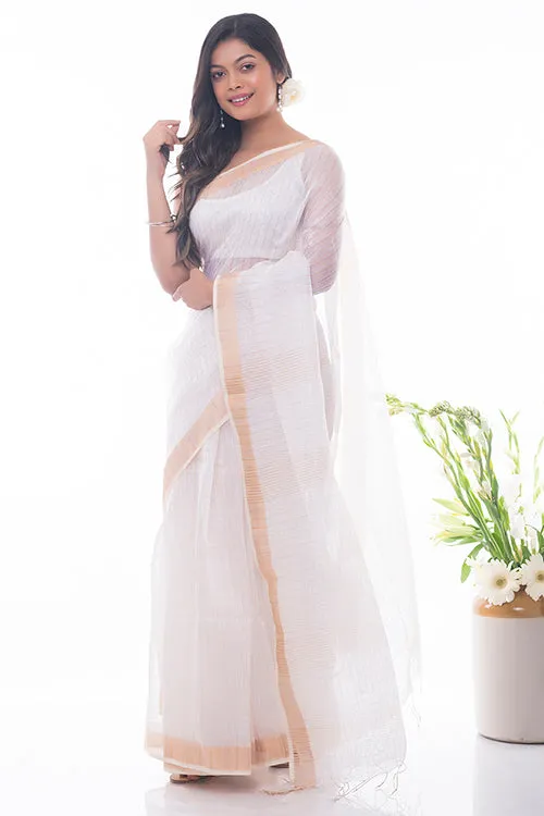 Flowing & Graceful. Soft Handwoven Bengal Linen Checked Saree - White & Gold