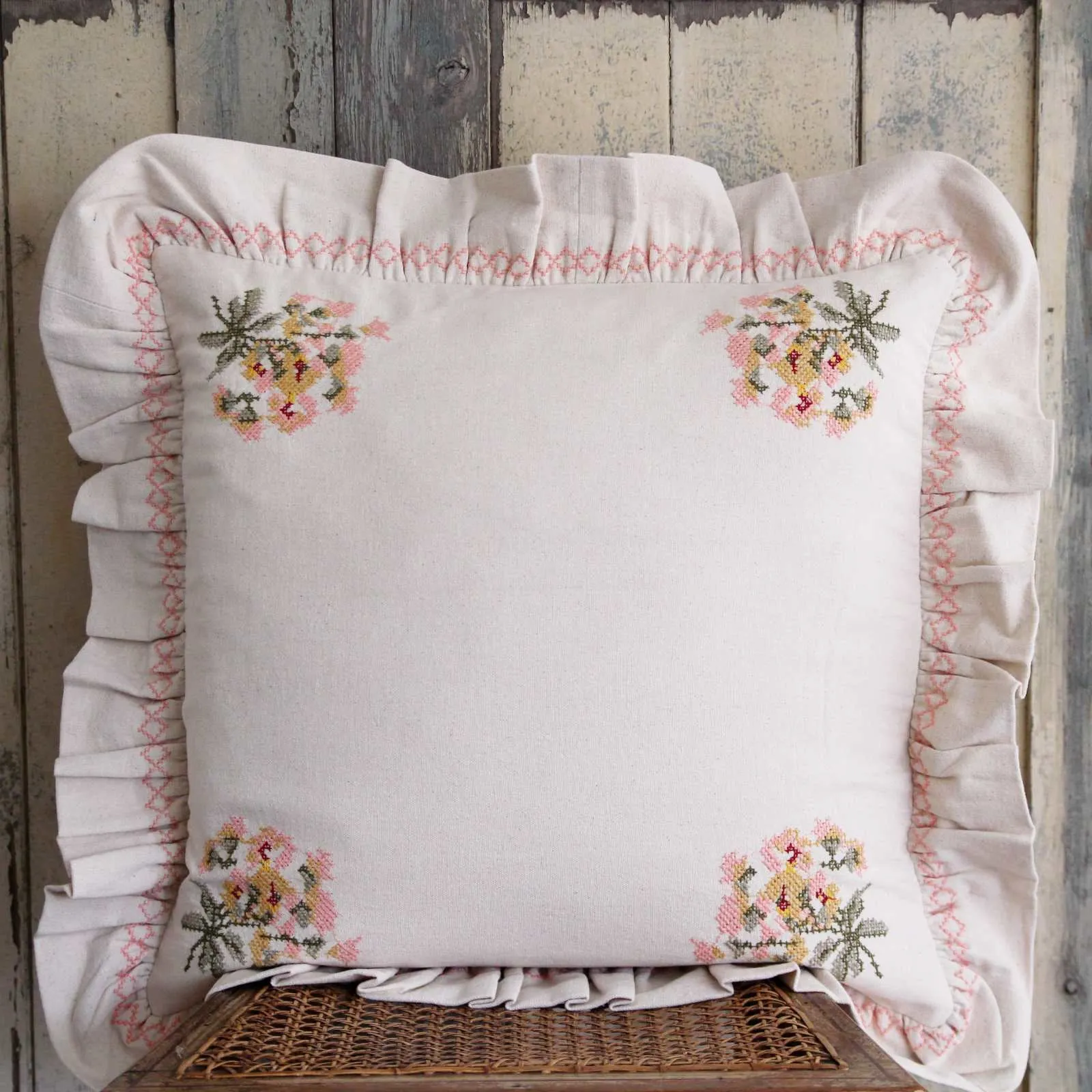 Frill Cushion -  Peony Embroidery