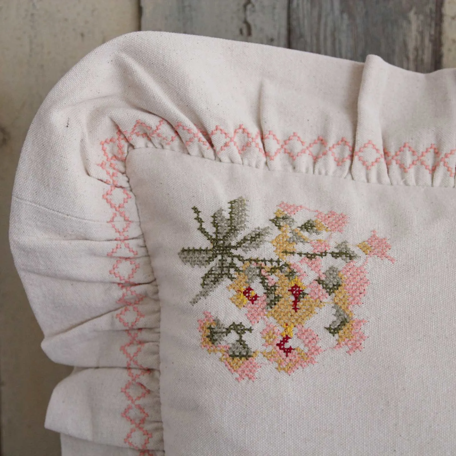 Frill Cushion -  Peony Embroidery