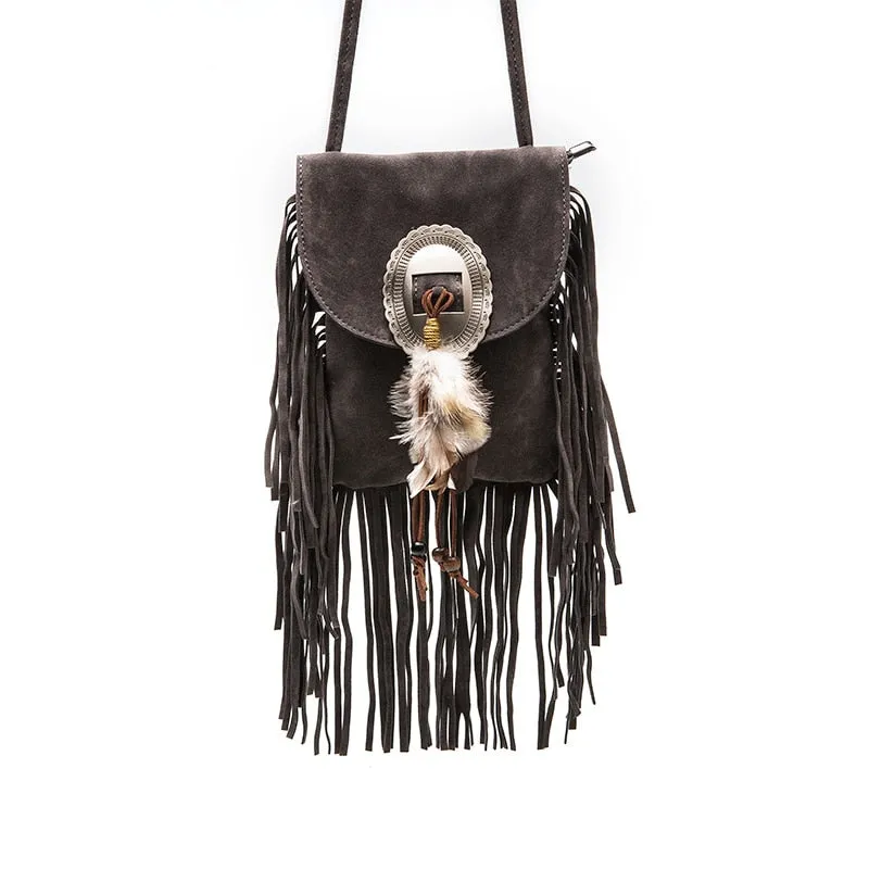 Fringe Crossbody Bag Vegan Suede Leather With Concho And Feathers Boho Messenger Bag Choose Brown Black Or Gray Wear Your Purse As A Cute Accessory!