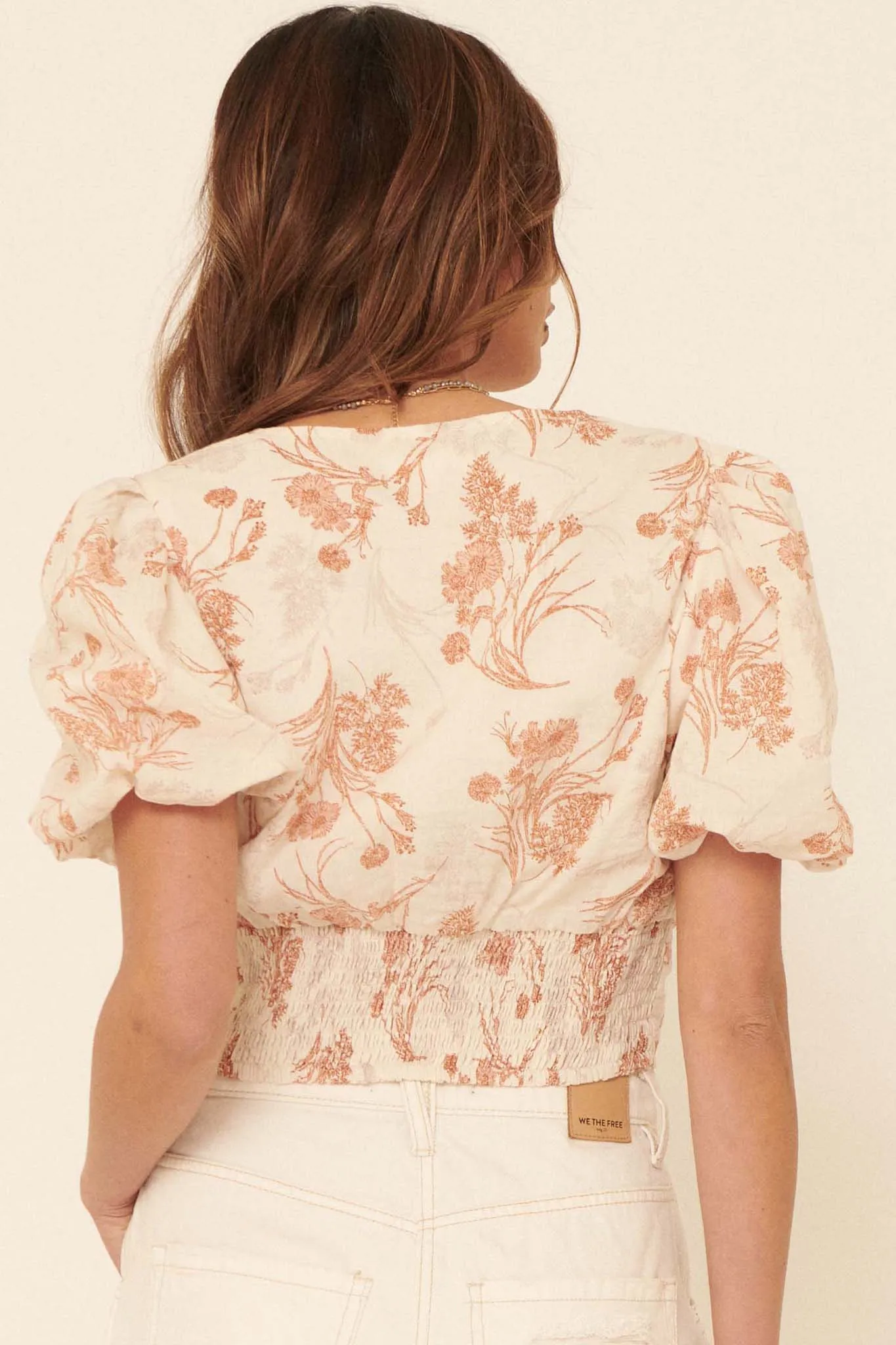 Graceful Beauty Floral Puff-Sleeve Cropped Blouse