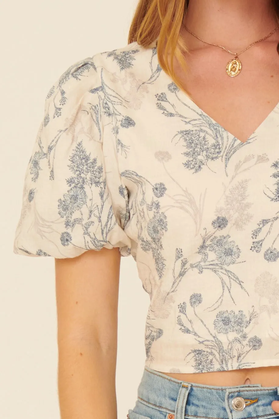 Graceful Beauty Floral Puff-Sleeve Cropped Blouse