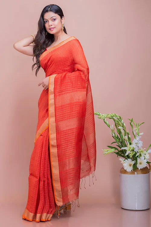 Graceful Elegance. Soft Bengal Handwoven Linen Silk Zari Sari - Deep Orange & Gold