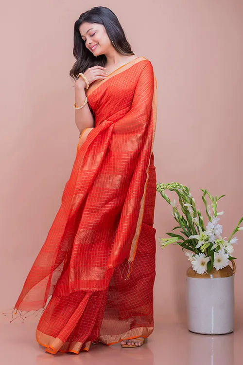 Graceful Elegance. Soft Bengal Handwoven Linen Silk Zari Sari - Deep Orange & Gold